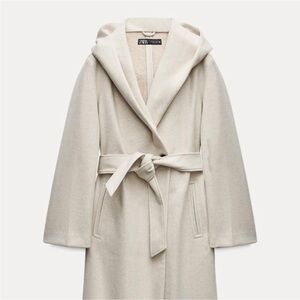 Zara Cream Hooded Belted Wool-Blend Coat